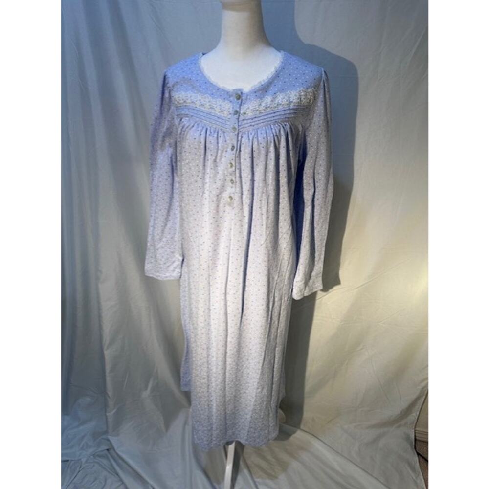 Eileen West Long‑Sleeve Nightgown SZ M Blue Polka Dot Cotton Blend Ballet Length